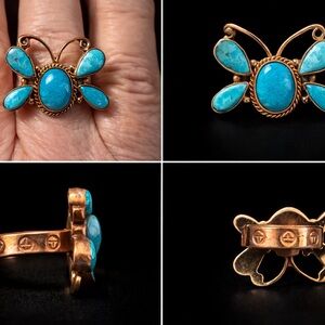 Turquoise Butterfly Ring Adjustable Copper Statement Ring Boho Western Style NEW